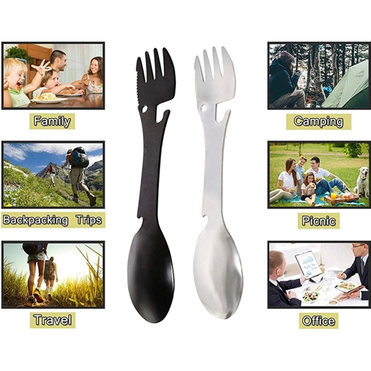 HUPSBY476 Camping Spoon Fork Bottle Opener Multifunctional Tool with C