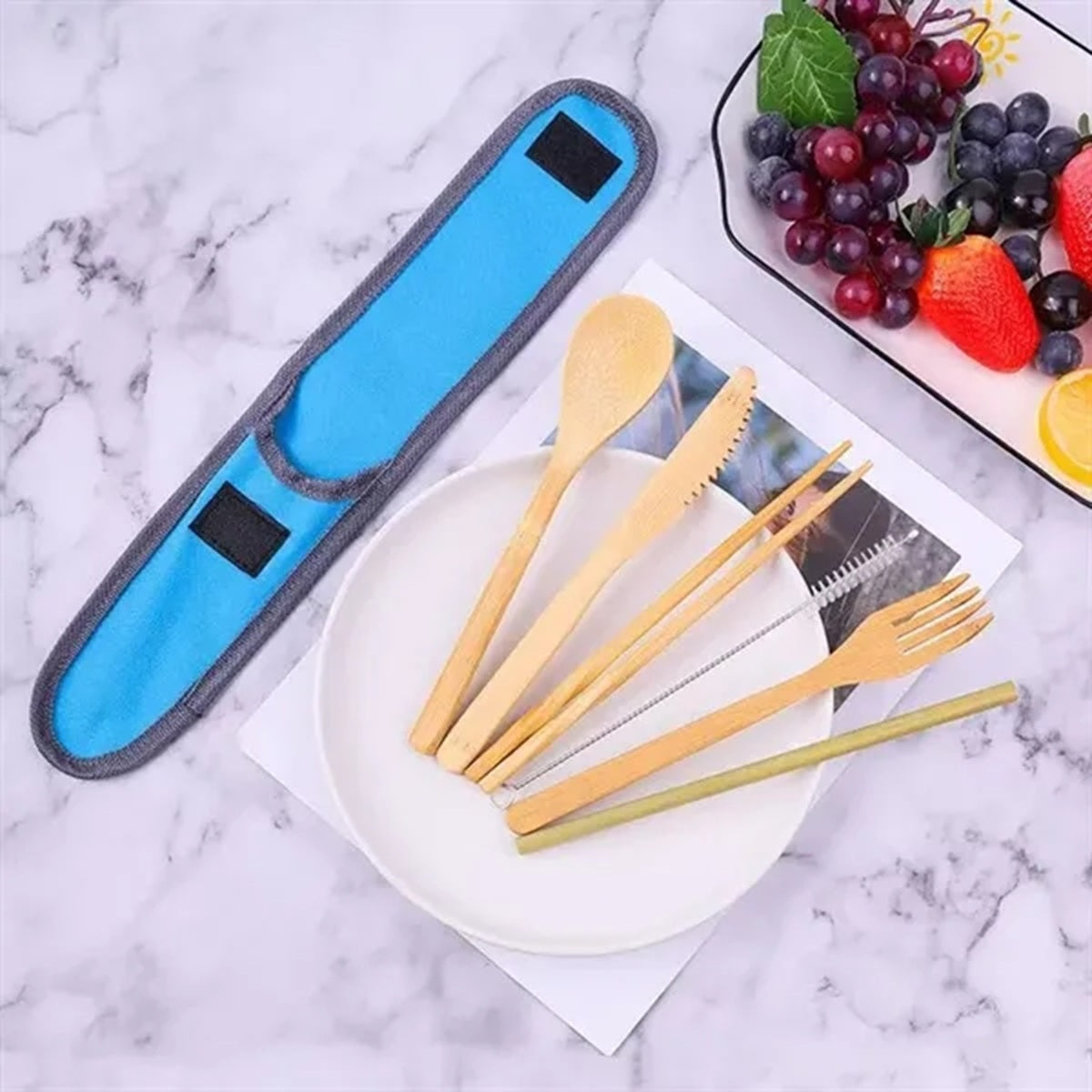 HUPSBY492 Reusable 7 Piece Bamboo Utensils Set In Travel Pouch