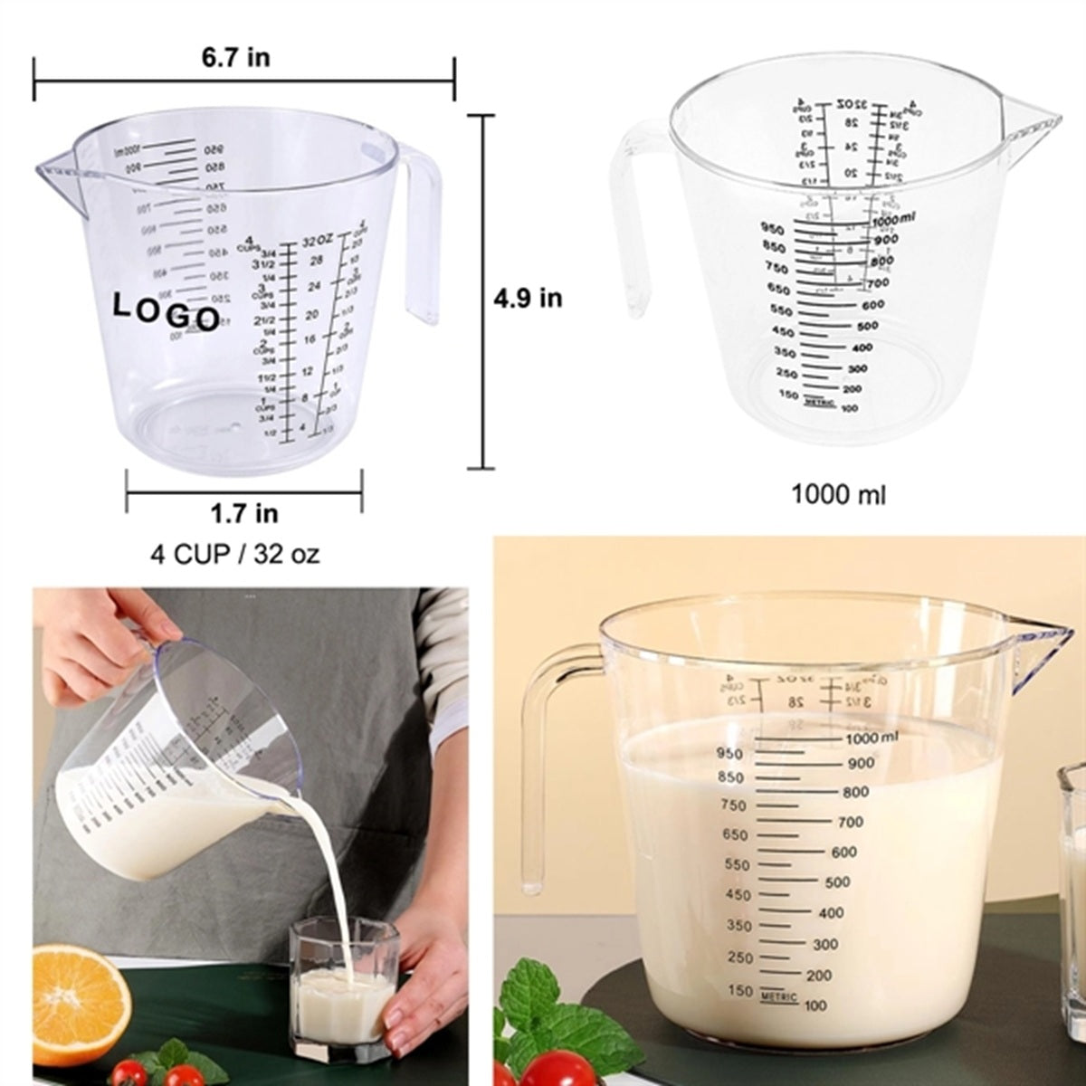 HUPSBY688 32 Oz. Clear Plastic Measuring Cup w/ Handle and Pour Spout