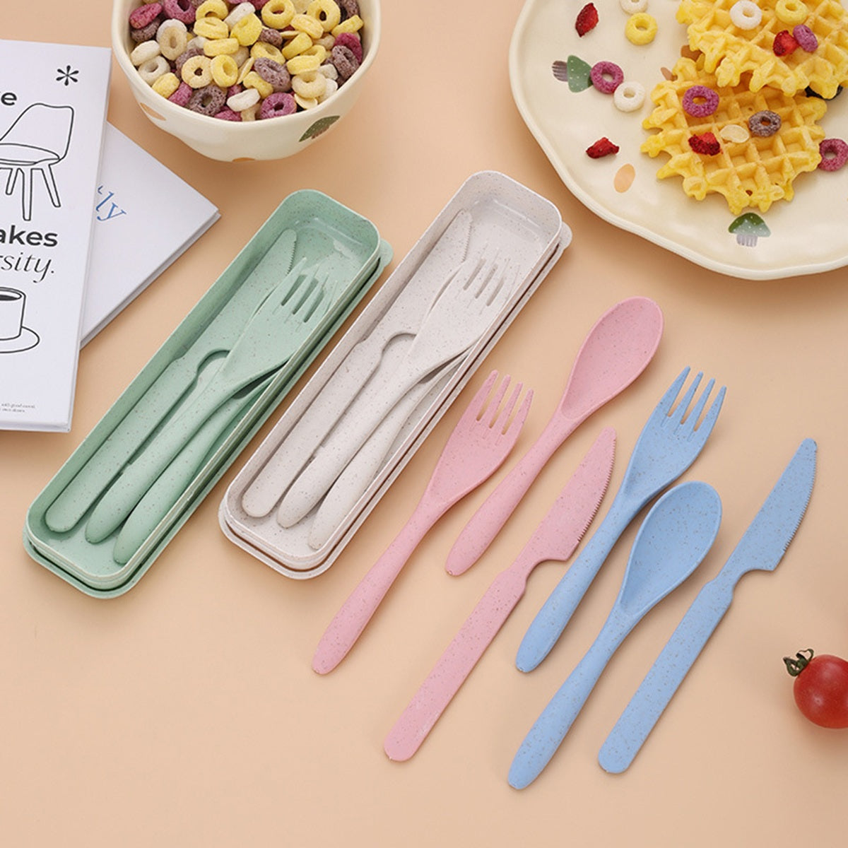 HUPSBY747 Four Sets Wheat Straw Portable Knife Fork Spoons Tableware