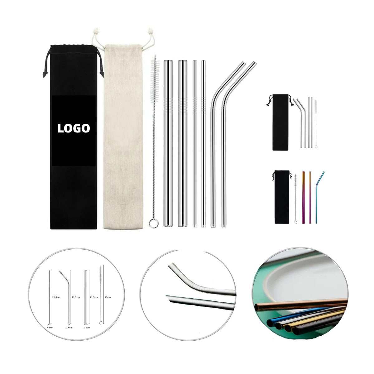 HUPSCG70 4-Piece Stainless Steel Bubble Straw Set W/Drawstring Bag