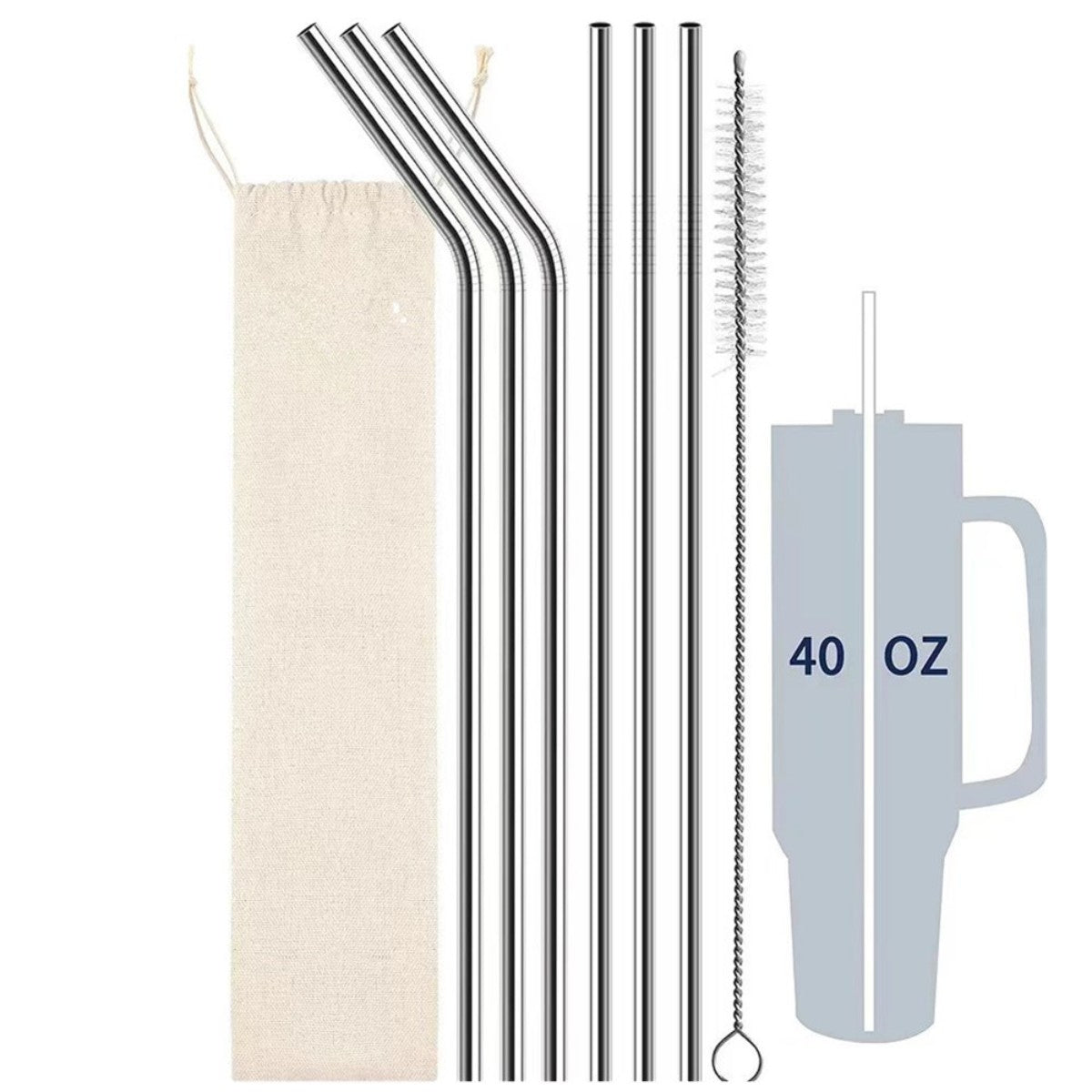 HUPSCG70 4-Piece Stainless Steel Bubble Straw Set W/Drawstring Bag