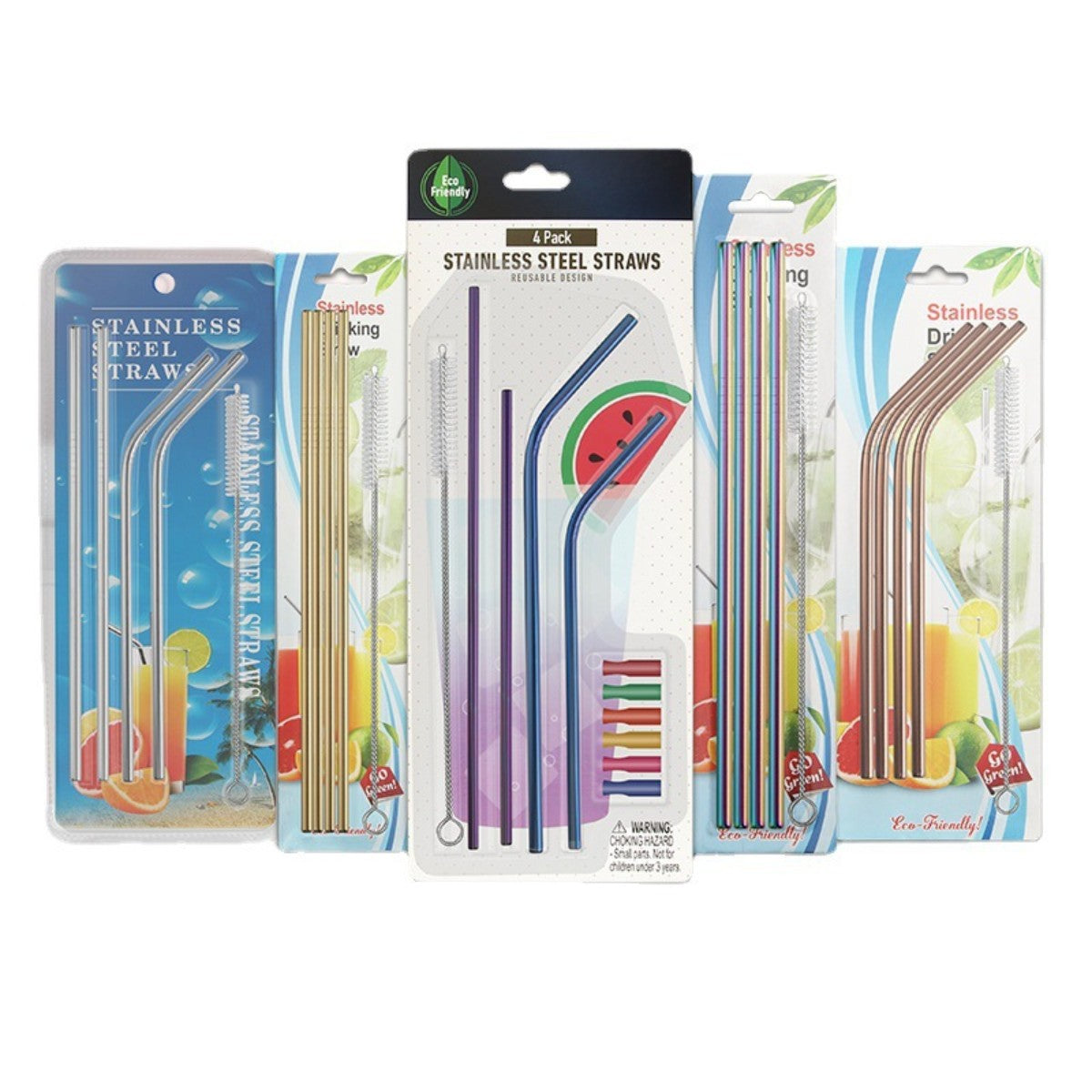 HUPSCG70 4-Piece Stainless Steel Bubble Straw Set W/Drawstring Bag