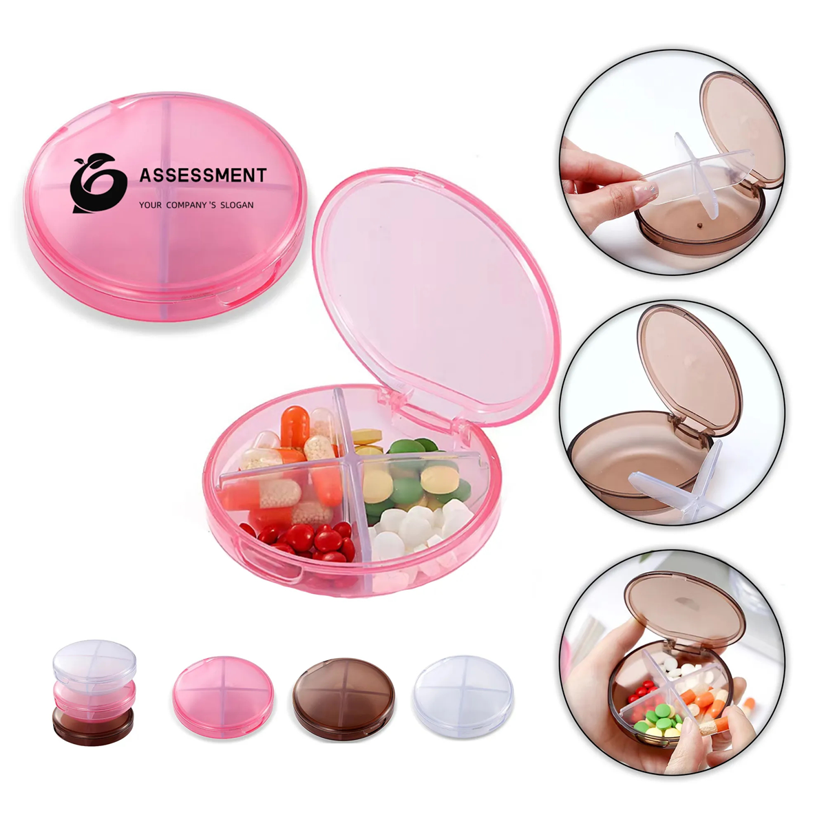HUPSTL054 Travel 4 Compartments Round Pill Case Container
