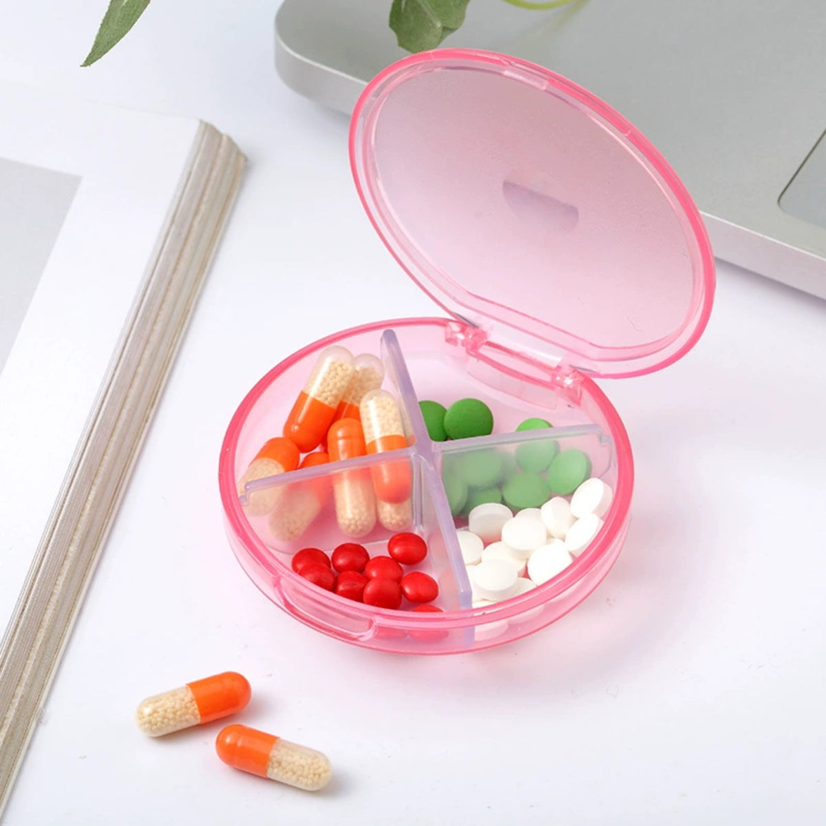 HUPSTL054 Travel 4 Compartments Round Pill Case Container
