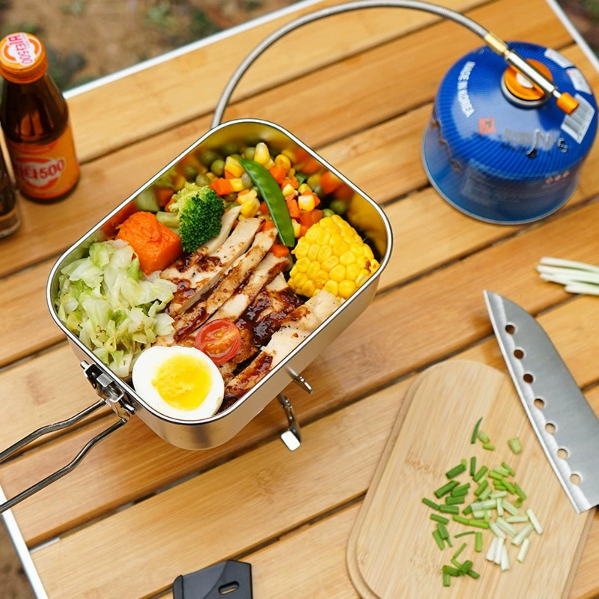 HUPSTL130 Stainless Steel Bamboo Wooden Cover Lunch Box