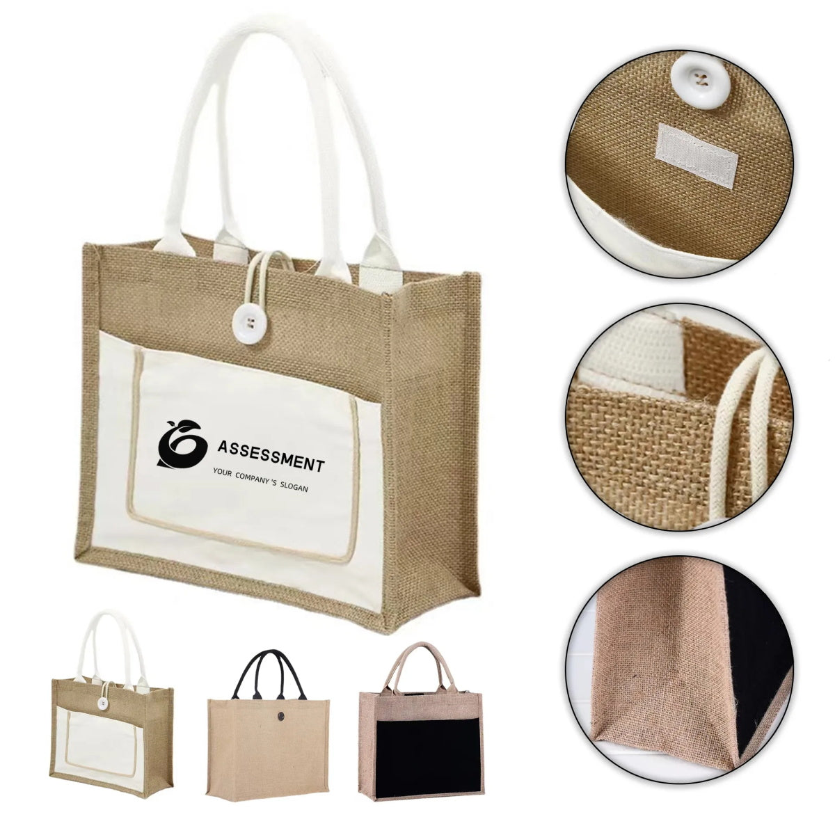 HUPSTL166 Burlap Jute Shopping Tote Bag W/Pocket Front