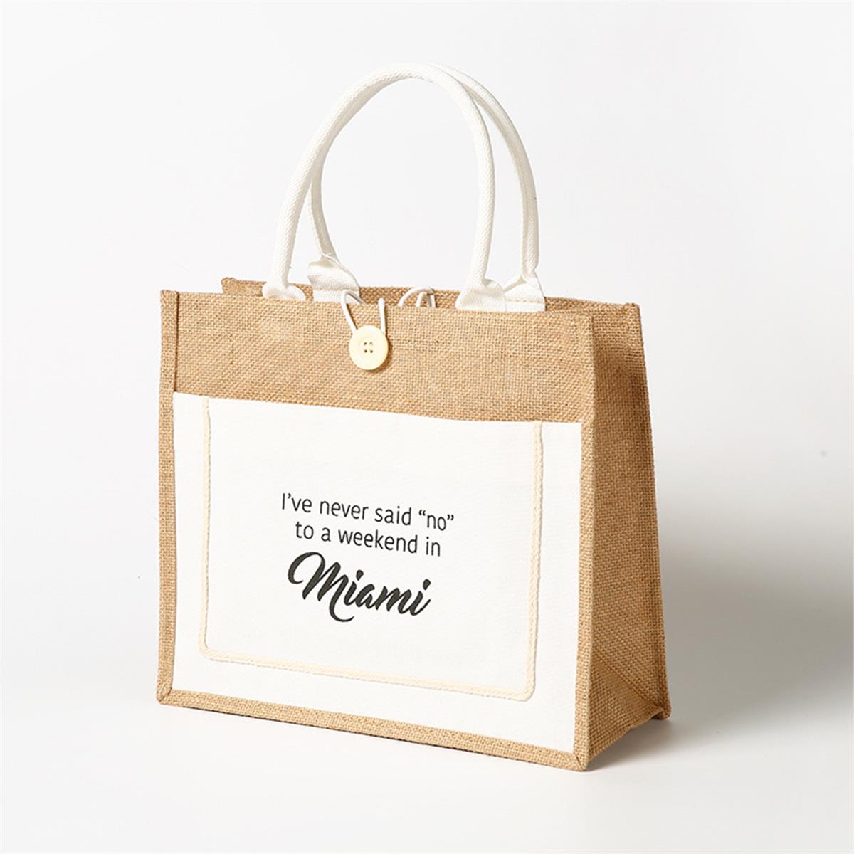 HUPSTL166 Burlap Jute Shopping Tote Bag W/Pocket Front