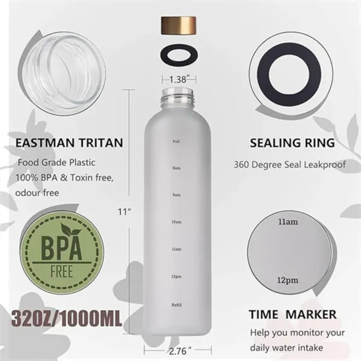 HUPSTL259 32Oz Time Marked Tritan Water Bottle