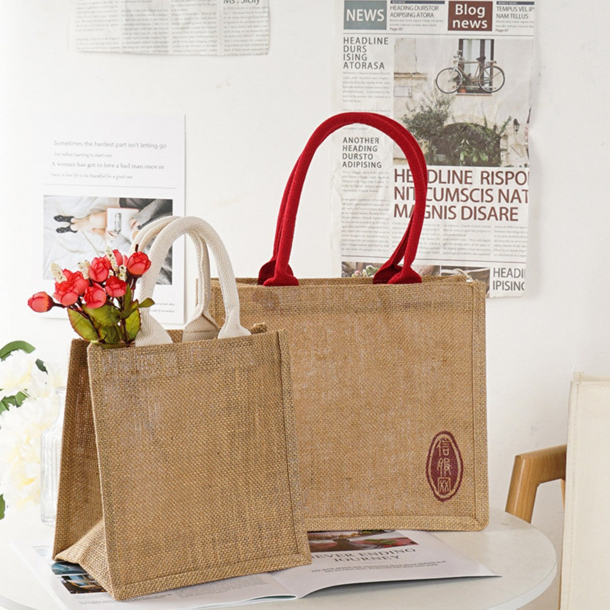 HUPSTL514 Jute Burlap Two Bottle Wine Gift Tote Bag