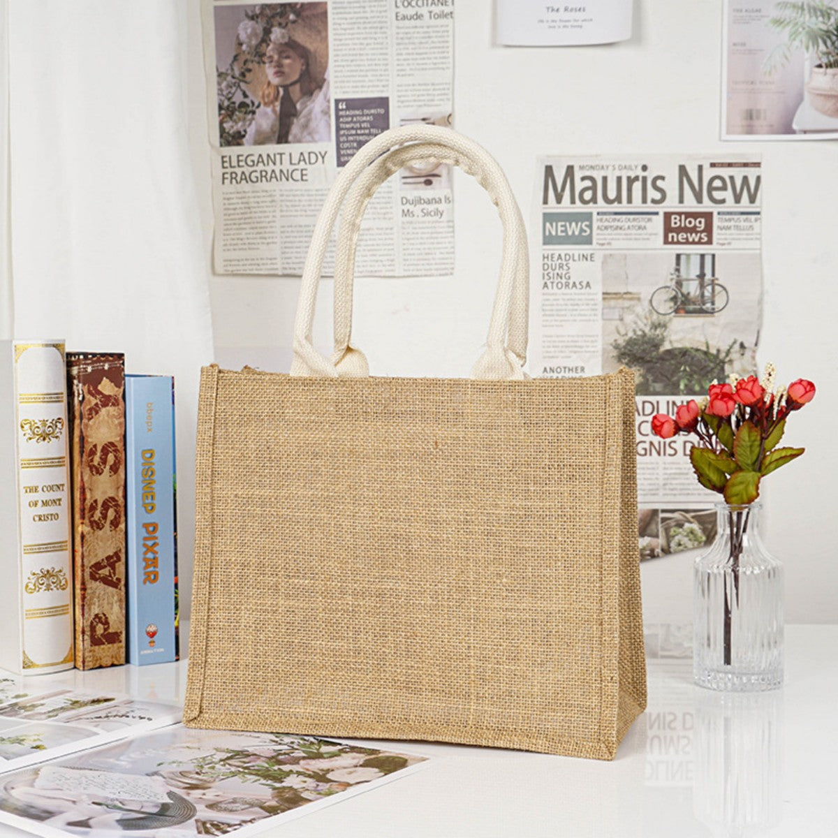 HUPSTL514 Jute Burlap Two Bottle Wine Gift Tote Bag