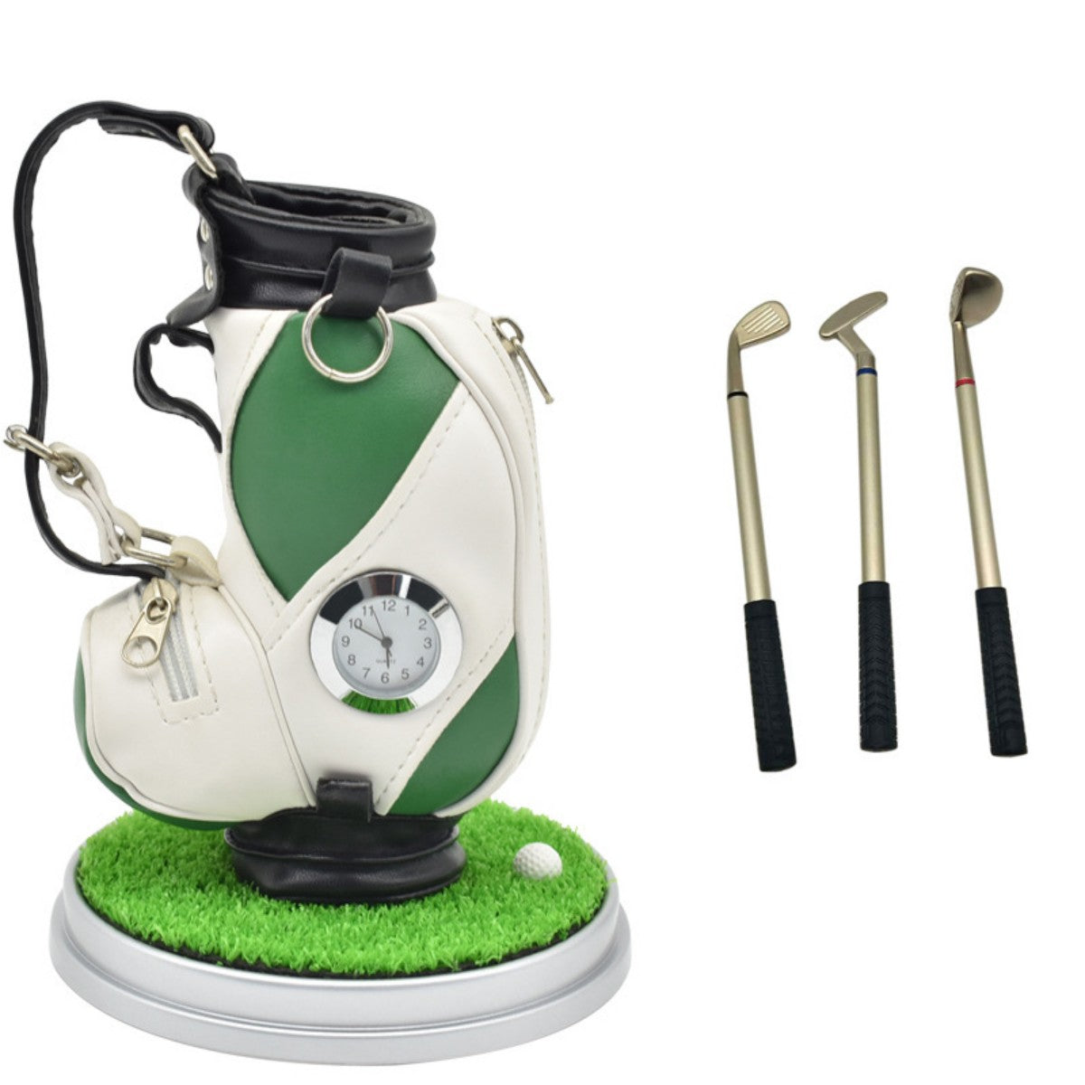 HUPSTL704Desktop Mini Golf Bag Holder Pen Set With Clock