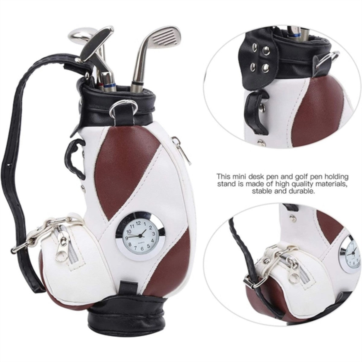 HUPSTL704Desktop Mini Golf Bag Holder Pen Set With Clock