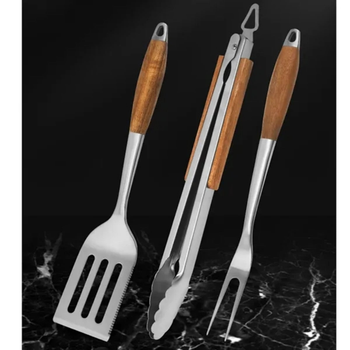HUPSTL710 3-Piece BBQ Grilling Tool Set Stainless Steel Tongs Spatula