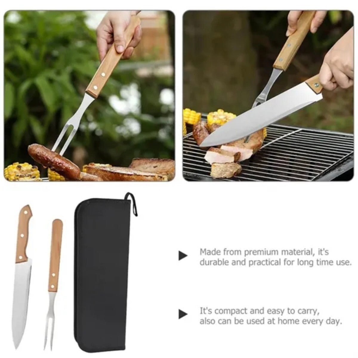HUPSTL723 Stainless Steel BBQ Tools Wood handle Camp Carrying Bag Set