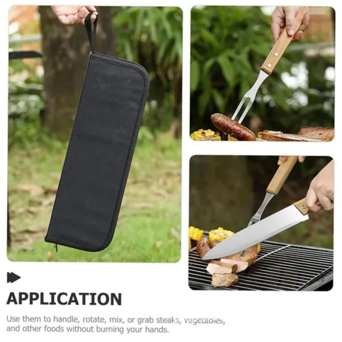 HUPSTL723 Stainless Steel BBQ Tools Wood handle Camp Carrying Bag Set