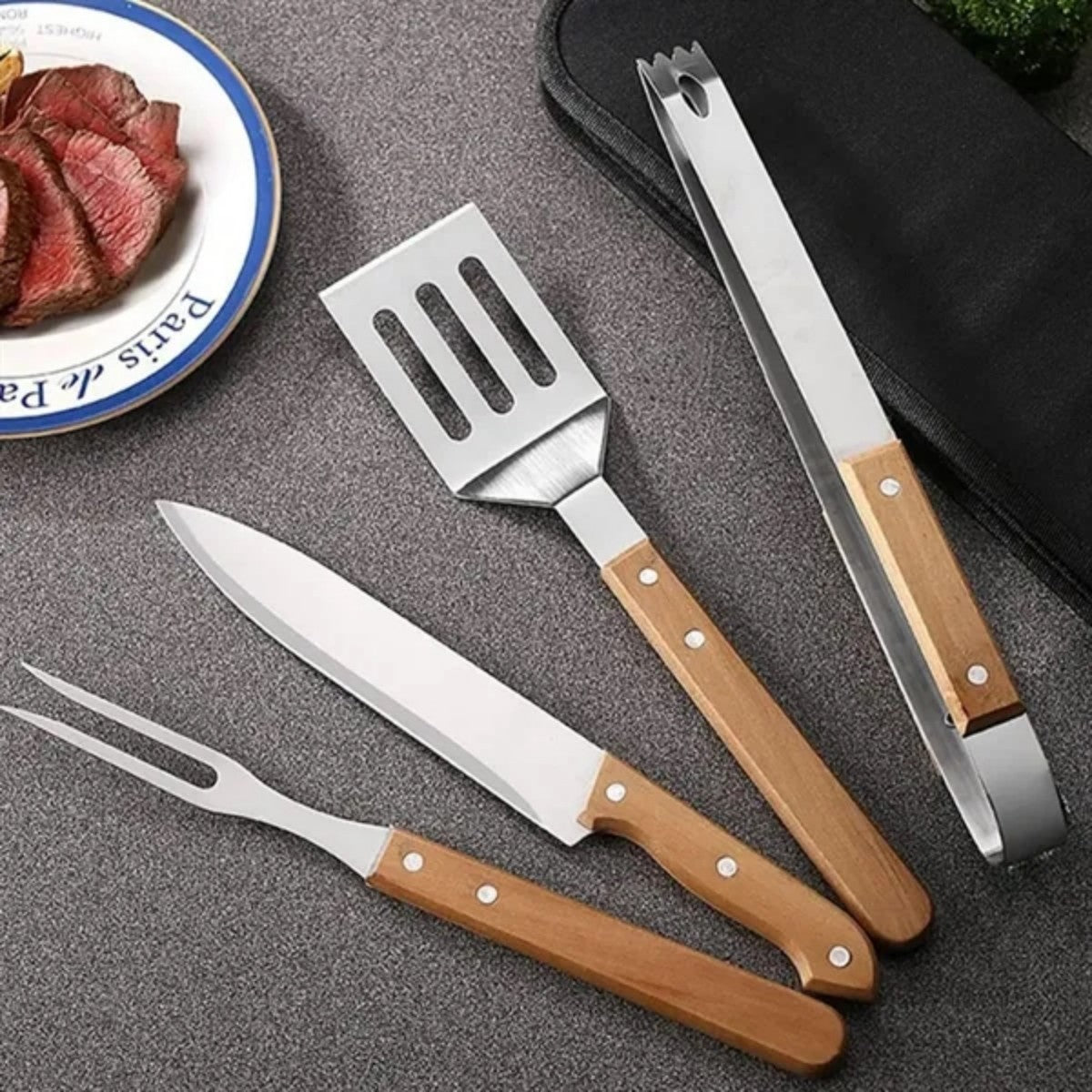 HUPSTL723 Stainless Steel BBQ Tools Wood handle Camp Carrying Bag Set