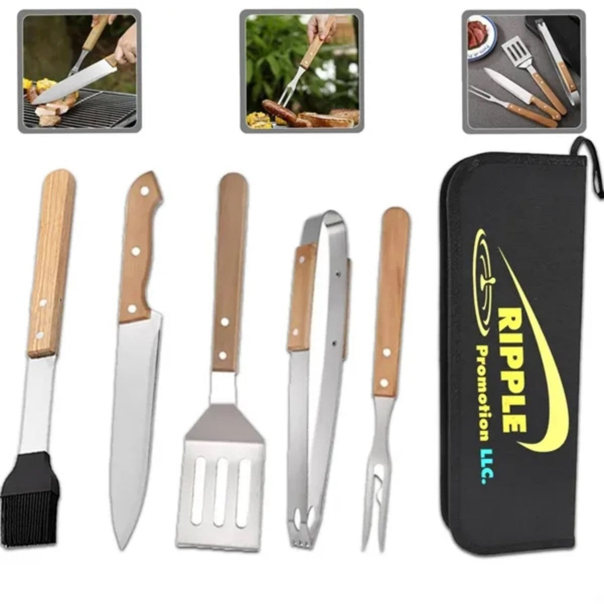 HUPSTL723 Stainless Steel BBQ Tools Wood handle Camp Carrying Bag Set