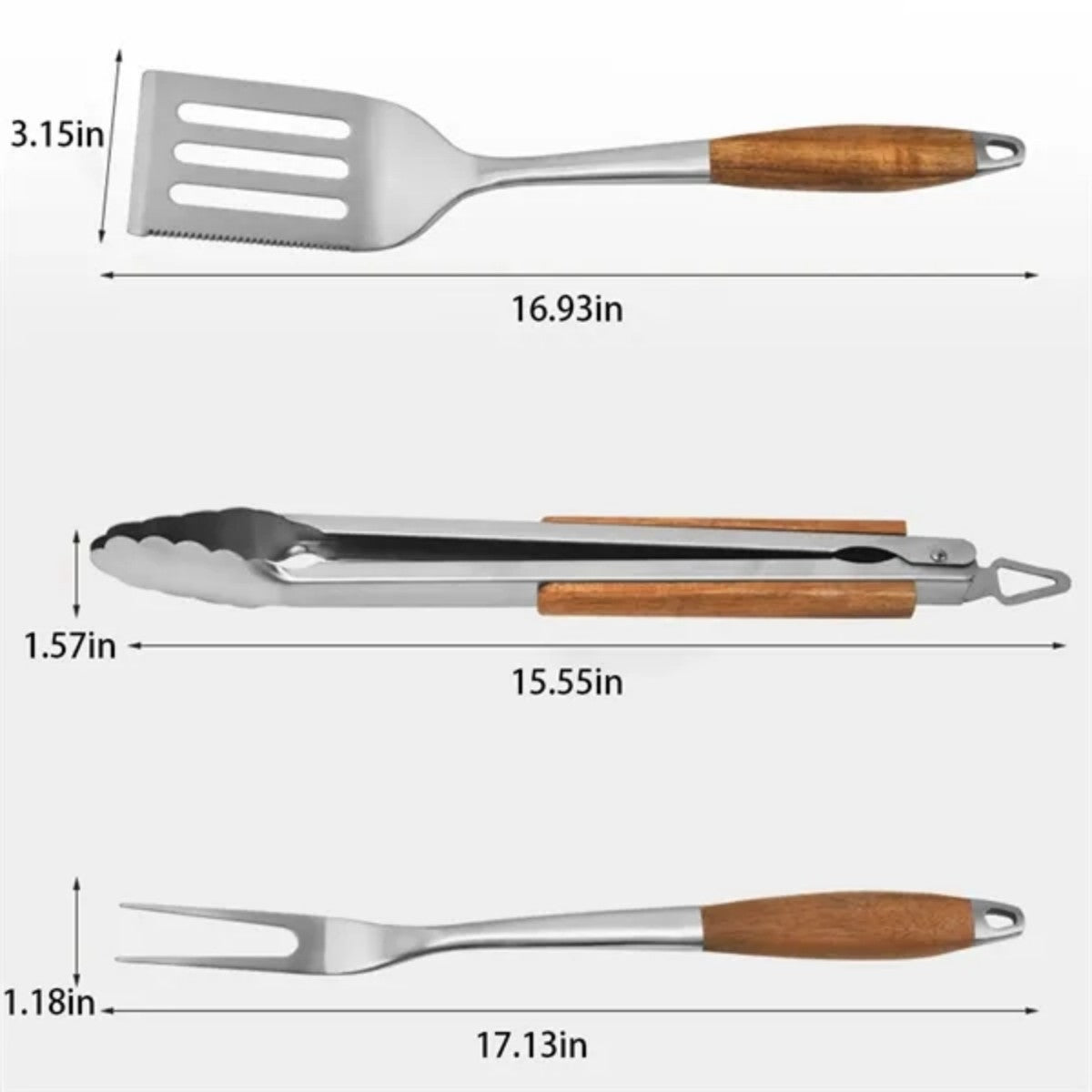 HUPSTL729 3-Piece BBQ Grilling Tool Set Stainless Steel Tongs Spatula