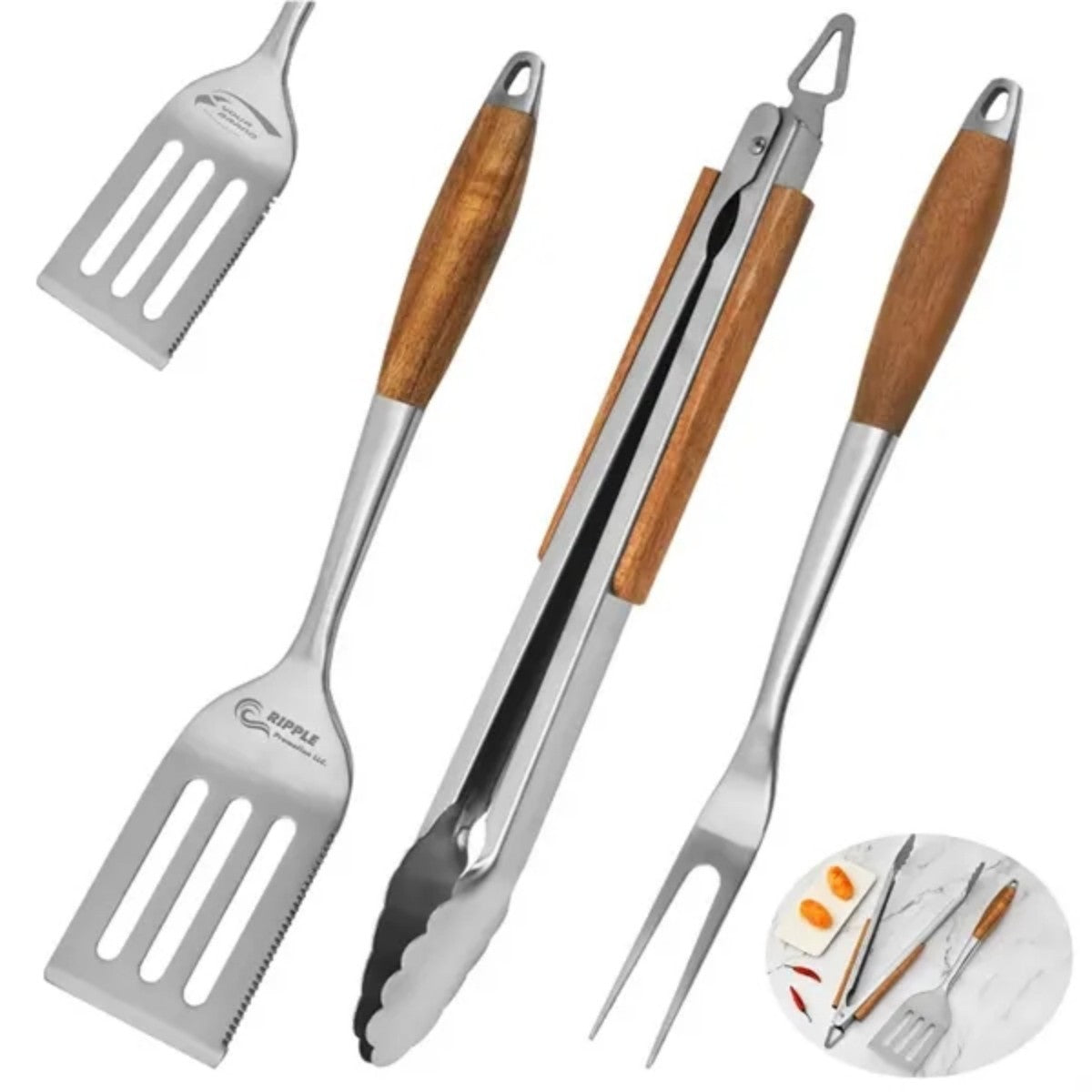 HUPSTL729 3-Piece BBQ Grilling Tool Set Stainless Steel Tongs Spatula