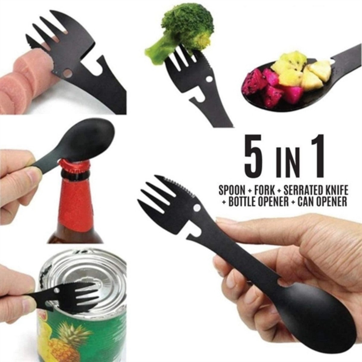HUPSTL741 5 in 1 Camping Spoon Fork Bottle Opener Multifunctional Tool