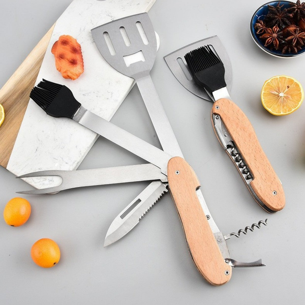 HUPSTL744 5 Piece BBQ Multi-Tool Spatula Fork Brush