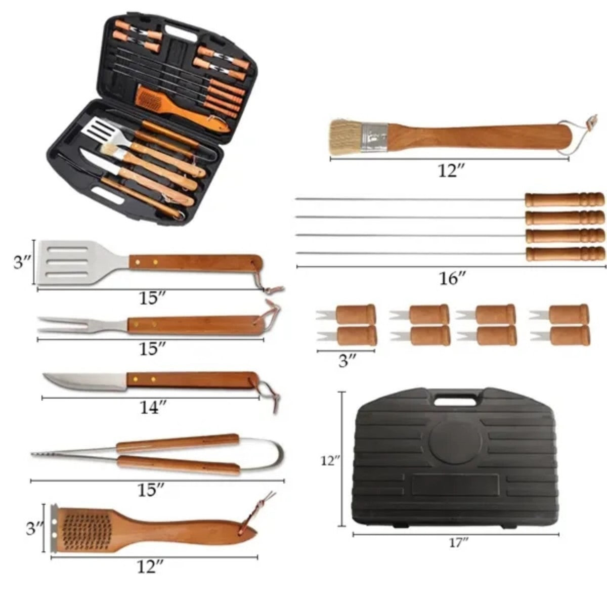 HUPSTL759 Wood Stainless Steel BBQ Tool Set 19 Pieces