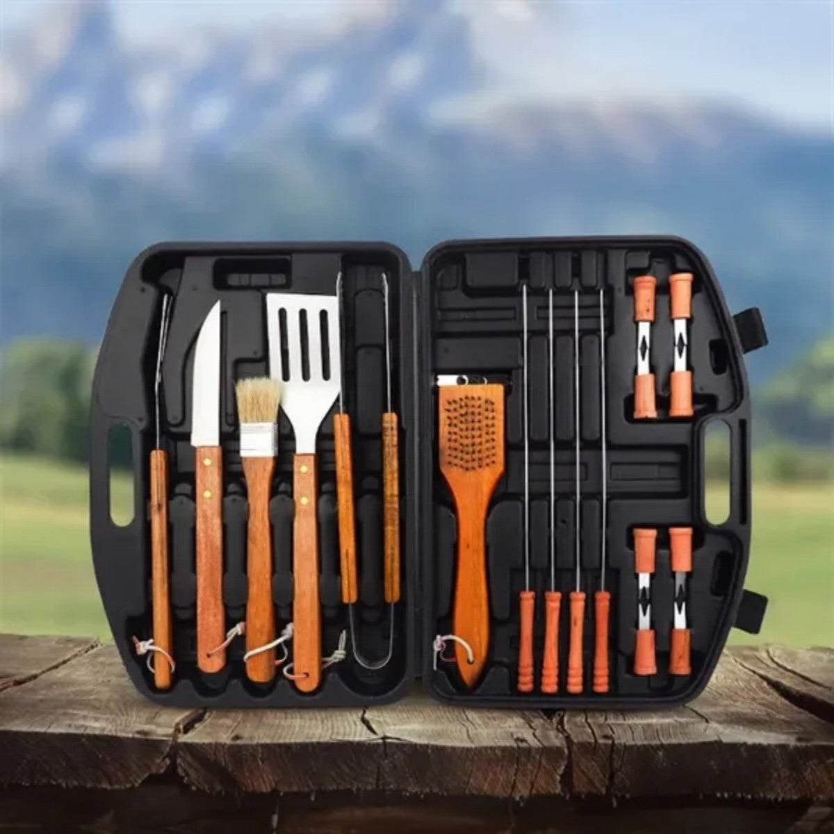 HUPSTL759 Wood Stainless Steel BBQ Tool Set 19 Pieces