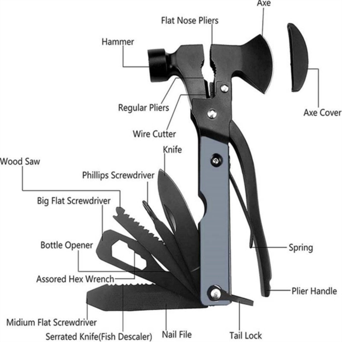 HUPSTL768 14 in 1 Multitool Hatchet Camping Axe Hammer Saw Screwdriver