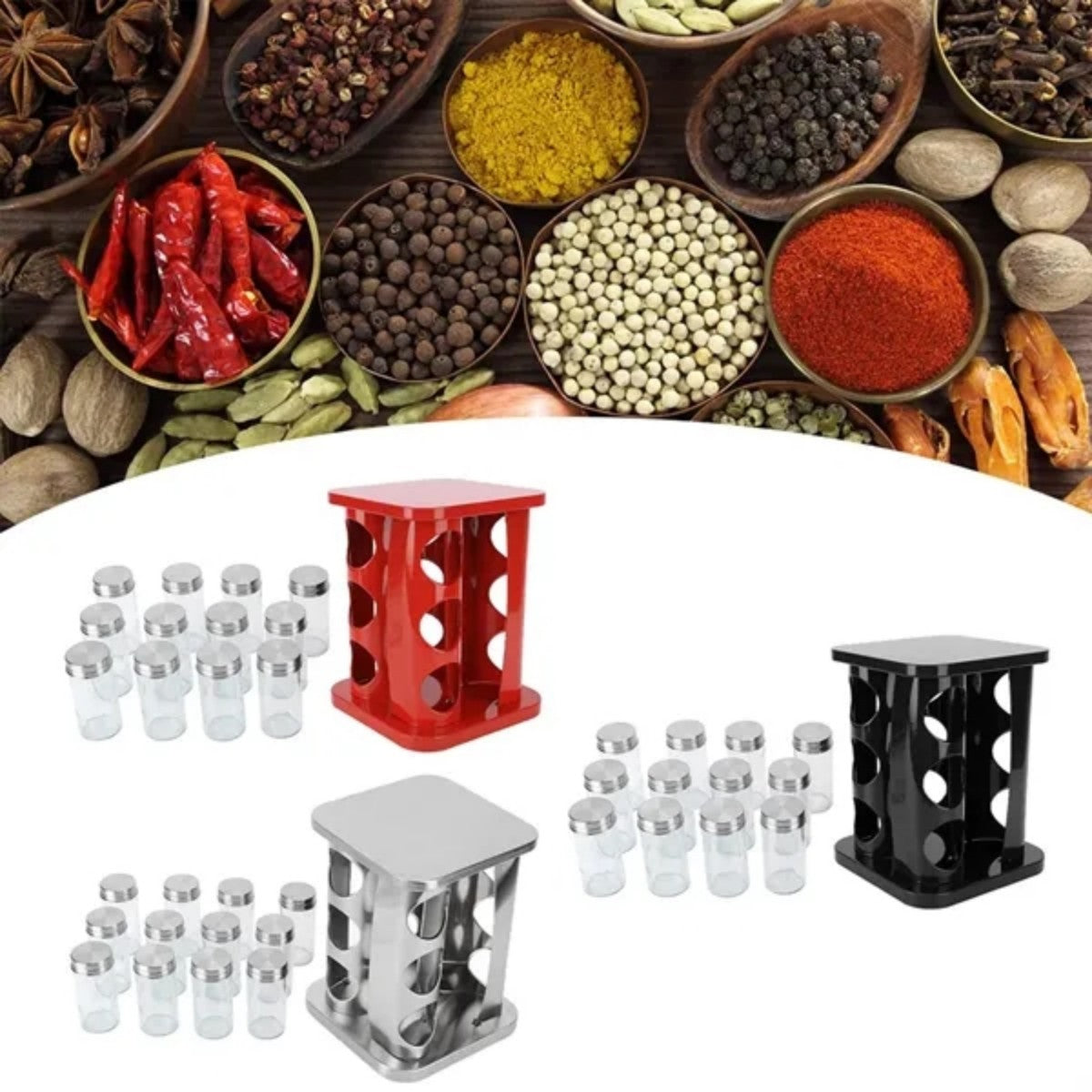 HUPSTL770 Rotatable stainless steel square spice rack with glass jar