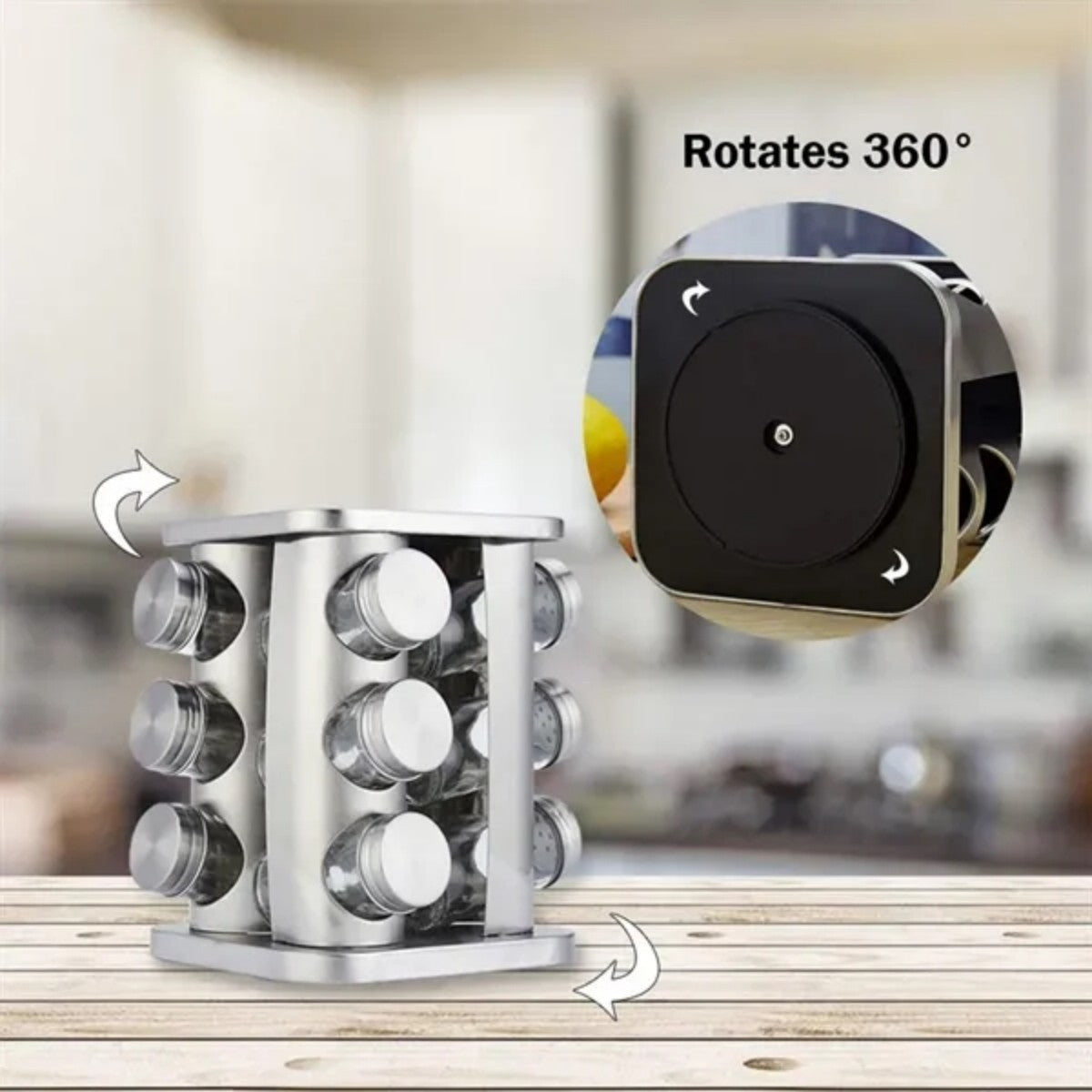 HUPSTL770 Rotatable stainless steel square spice rack with glass jar