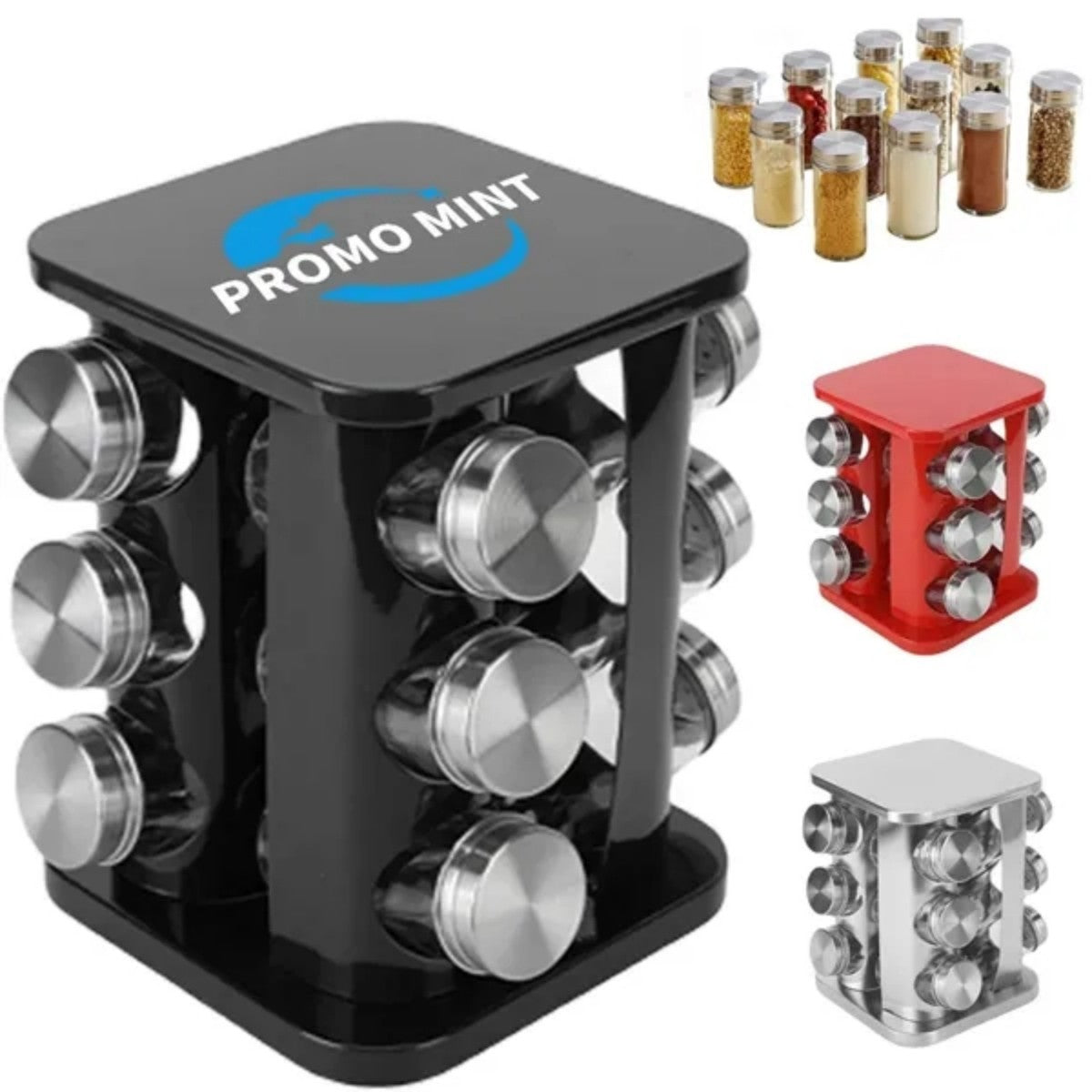 HUPSTL770 Rotatable stainless steel square spice rack with glass jar