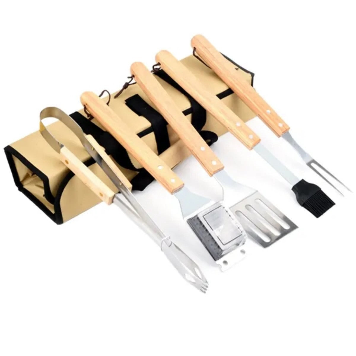 HUPSTL771 5 pcs Wood BBQ Tools Set With Bag