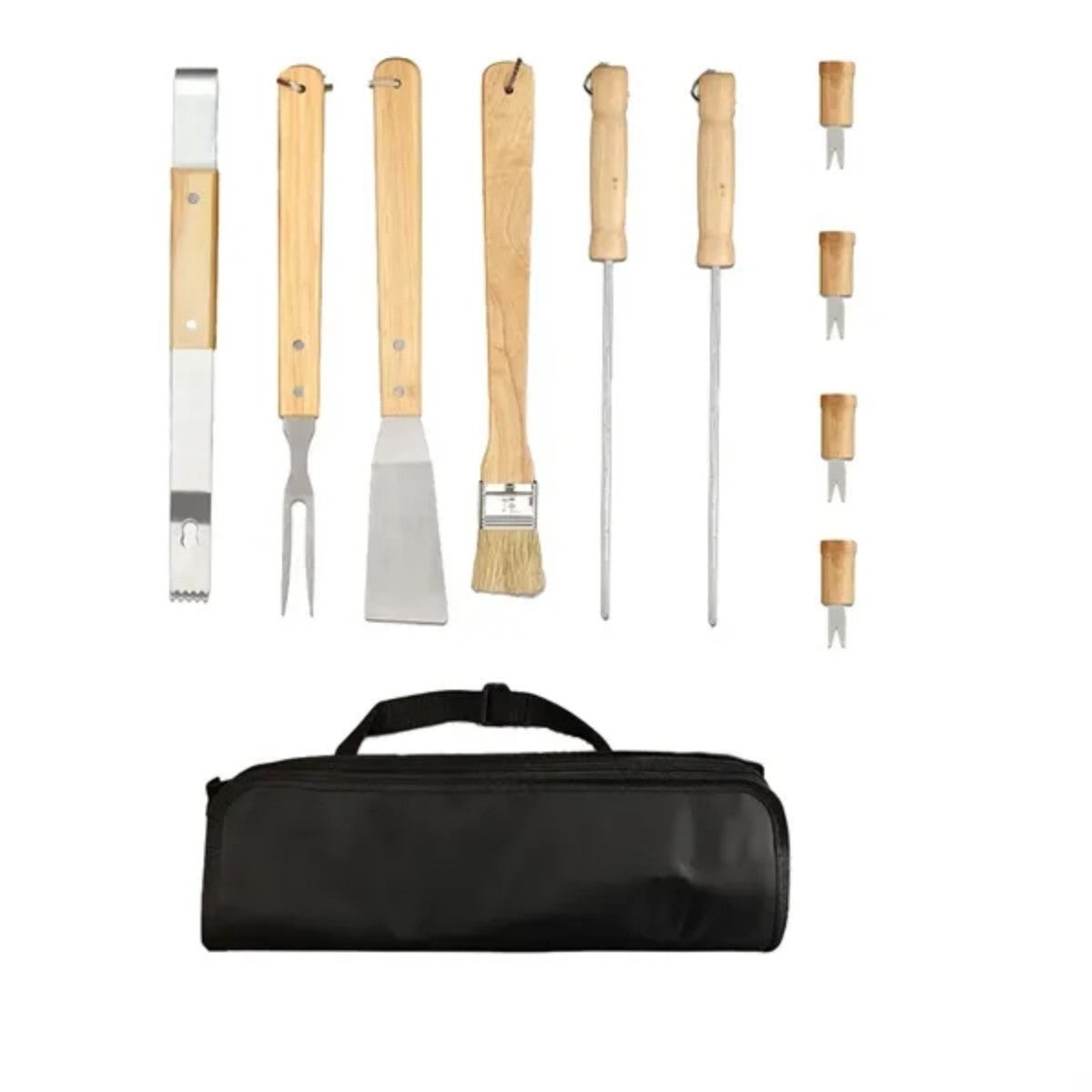 HUPSTL811 Wood 10pcs Stainless Steel BBQ Set with Carrying Bag