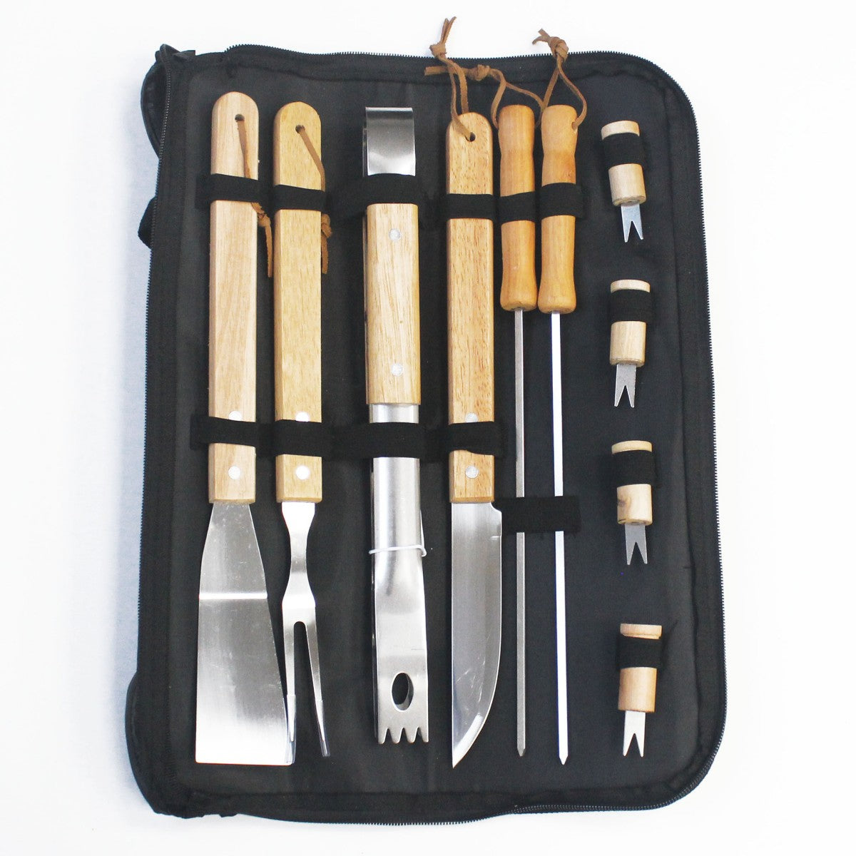 HUPSTL811 Wood 10pcs Stainless Steel BBQ Set with Carrying Bag