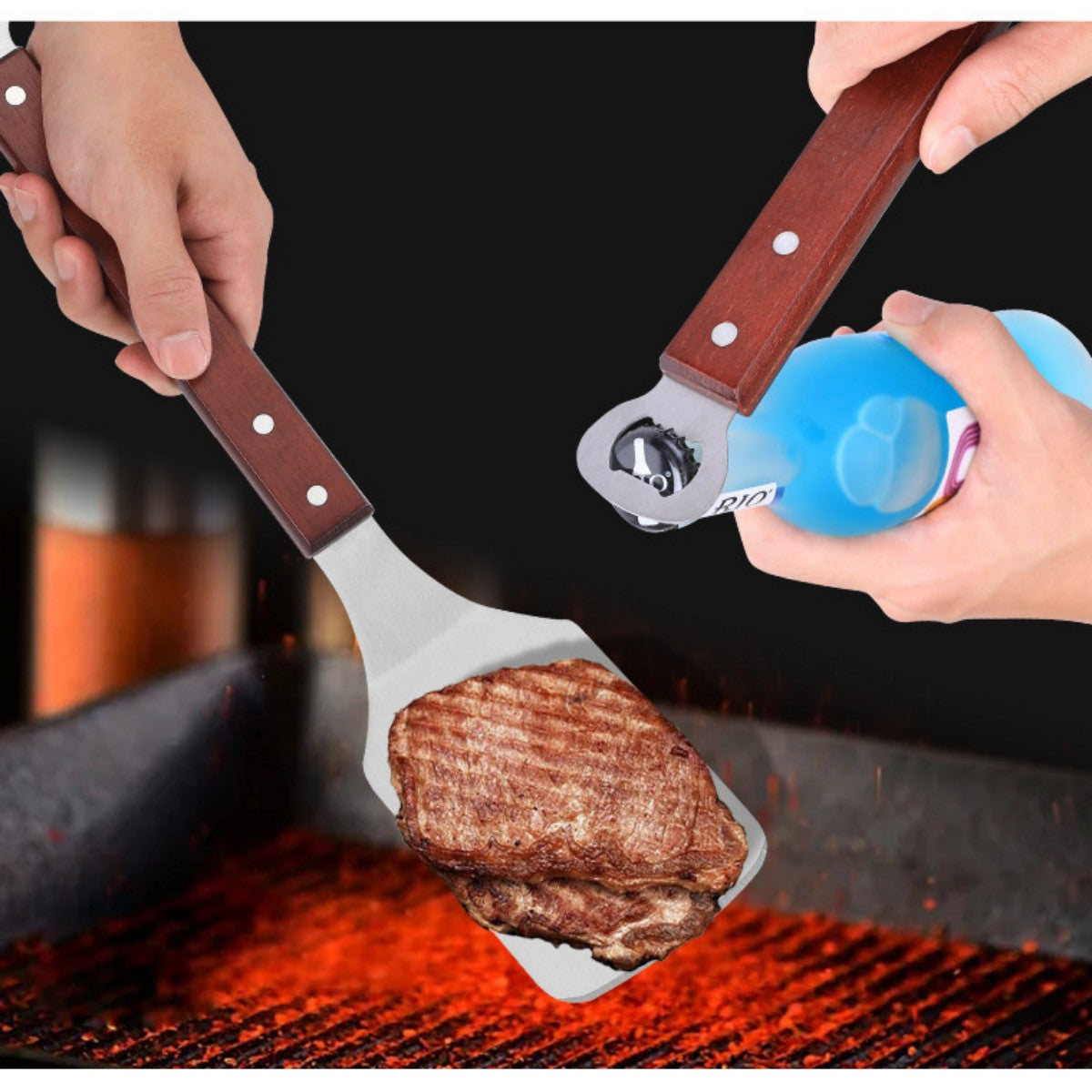 HUPSTL816 2-in-1 Steak Frying Spatula BBQ Grill Tongs & Bottle Opener