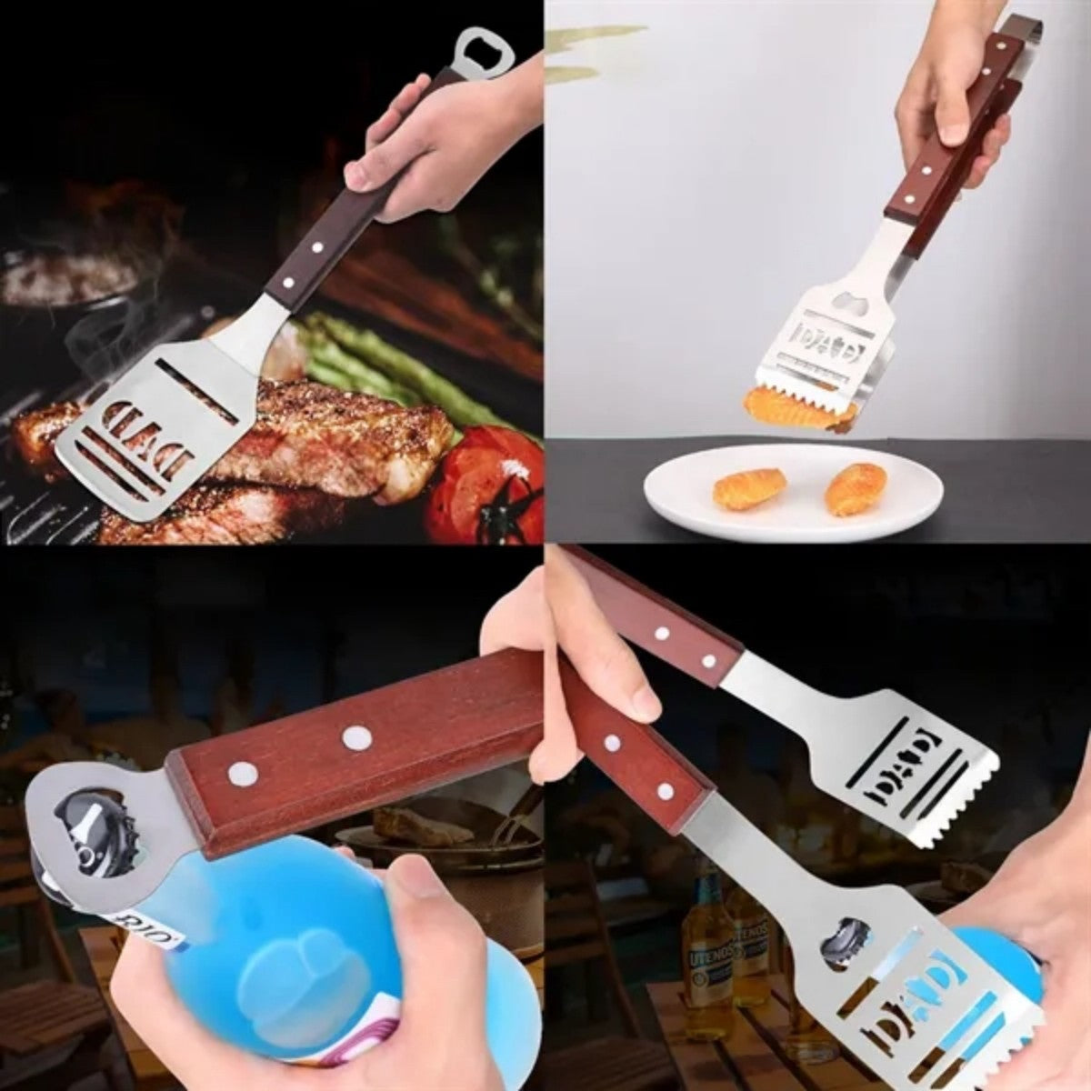 HUPSTL816 2-in-1 Steak Frying Spatula BBQ Grill Tongs & Bottle Opener