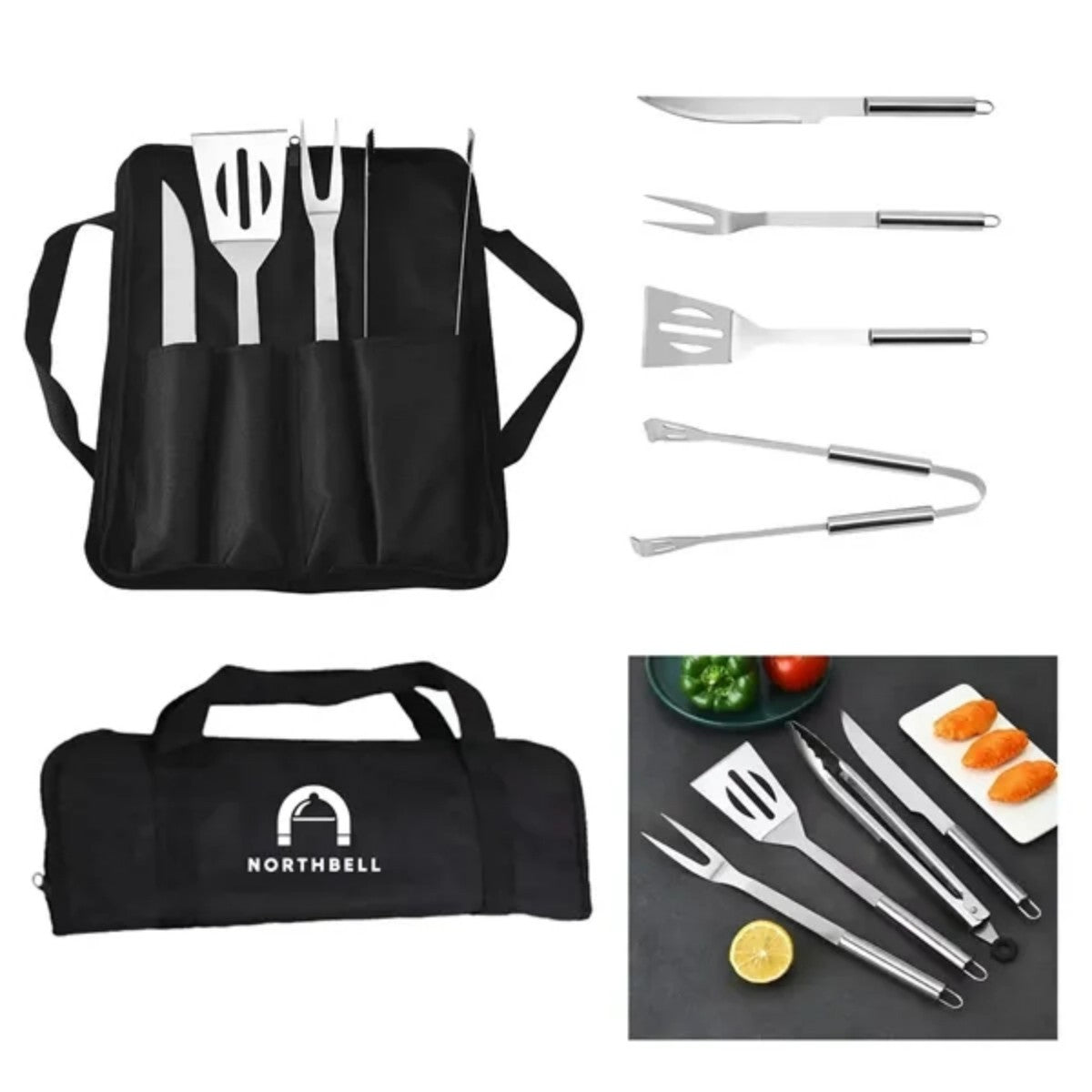 HUPSTL827 4pcs Stainless Steel BBQ Set with Carrying Bag