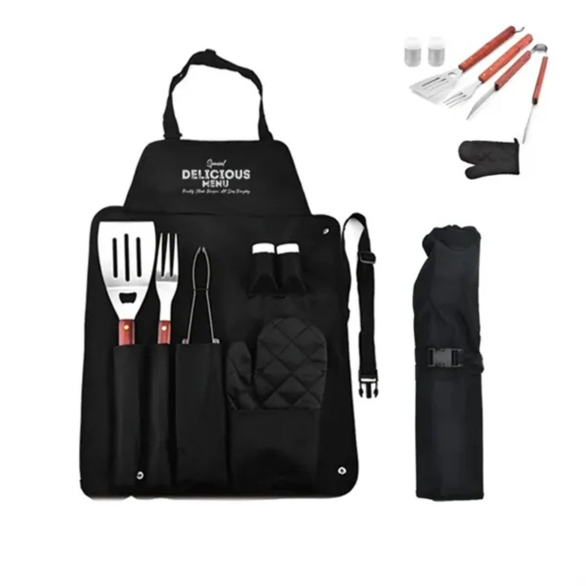 HUPSTL883 7 Piece BBQ Tools Set with Roll Up Apron