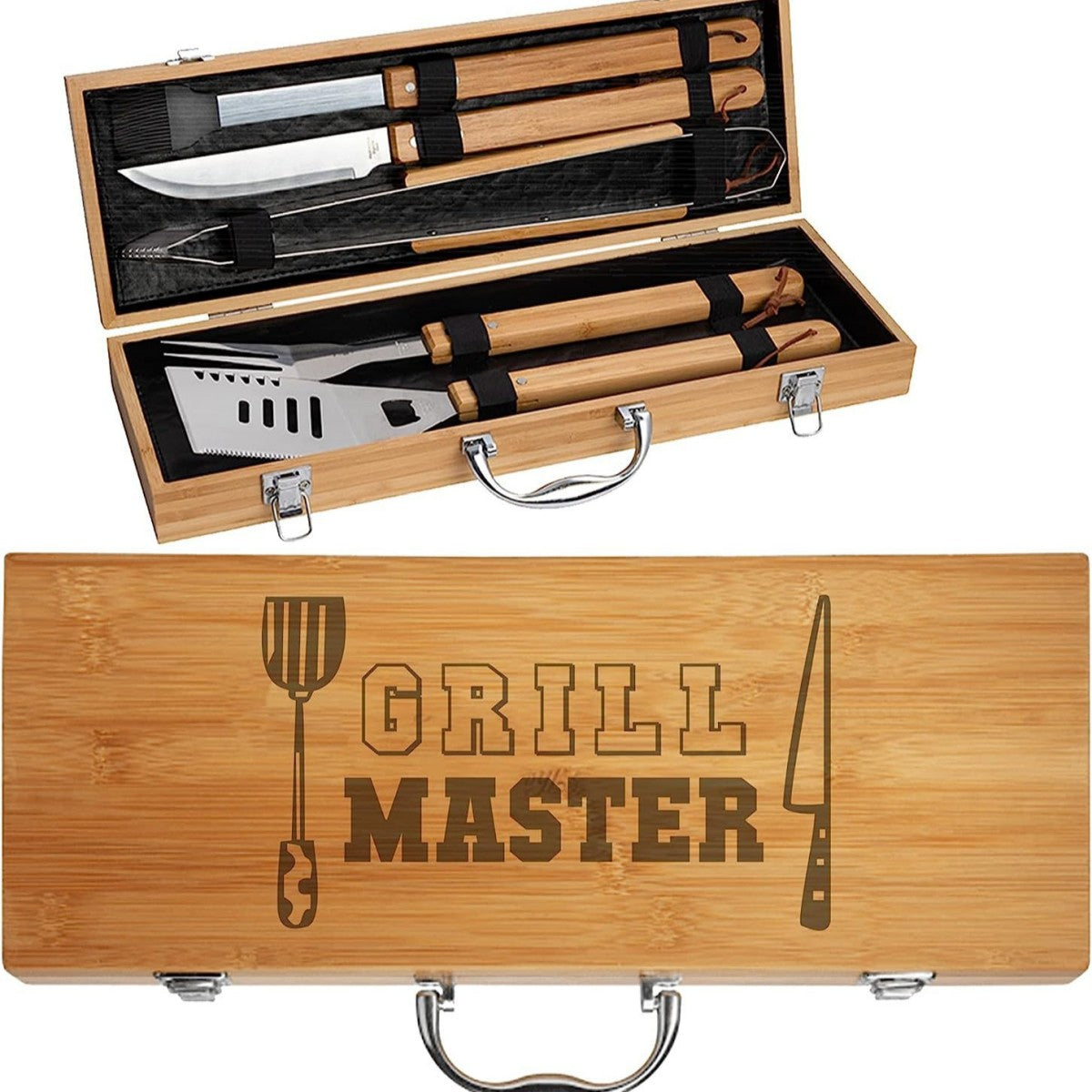 HUPSTL889 3-Piece BBQ Set in Wooden Pine Box