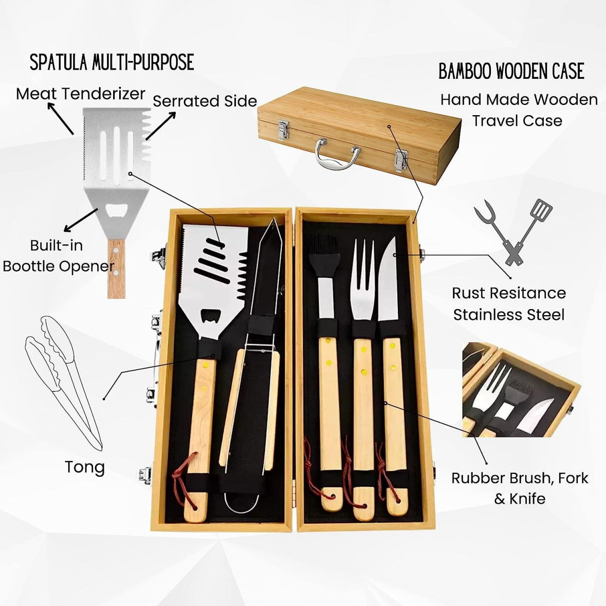 HUPSTL889 3-Piece BBQ Set in Wooden Pine Box