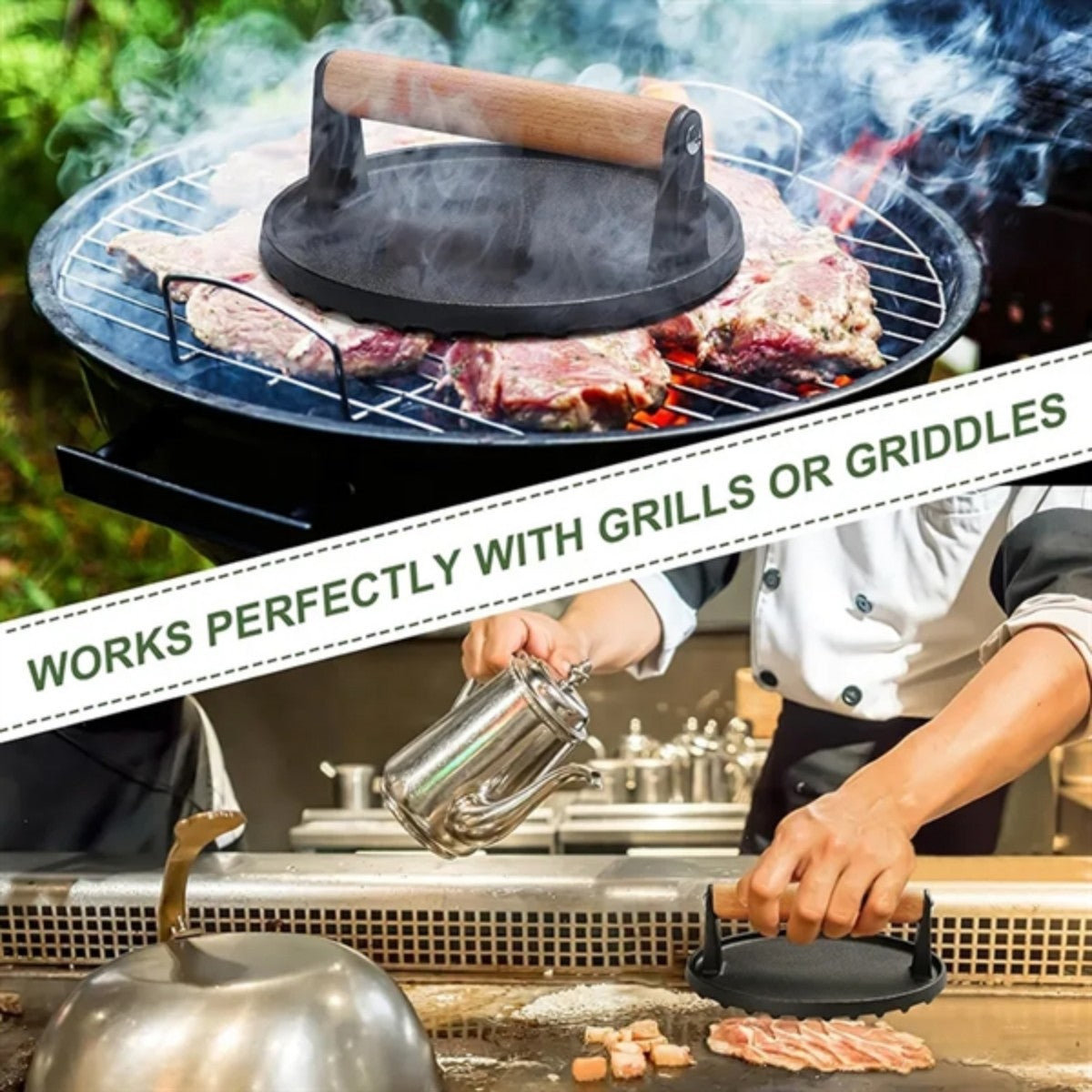 HUPSTL899 Round Heavy-Duty Cast Iron Smash Bacon Press