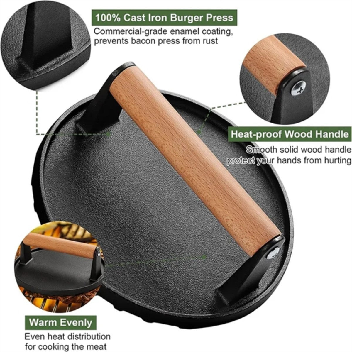 HUPSTL899 Round Heavy-Duty Cast Iron Smash Bacon Press
