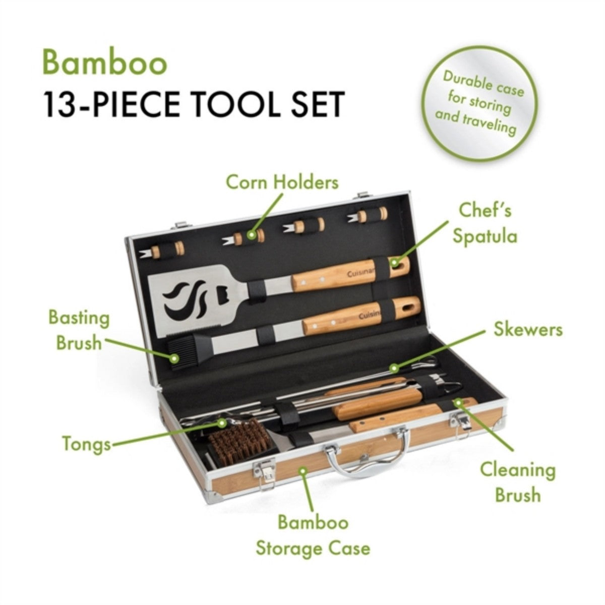 HUPSTL926 Cuisinart Outdoors Bamboo 13 PC Grill Tool Set