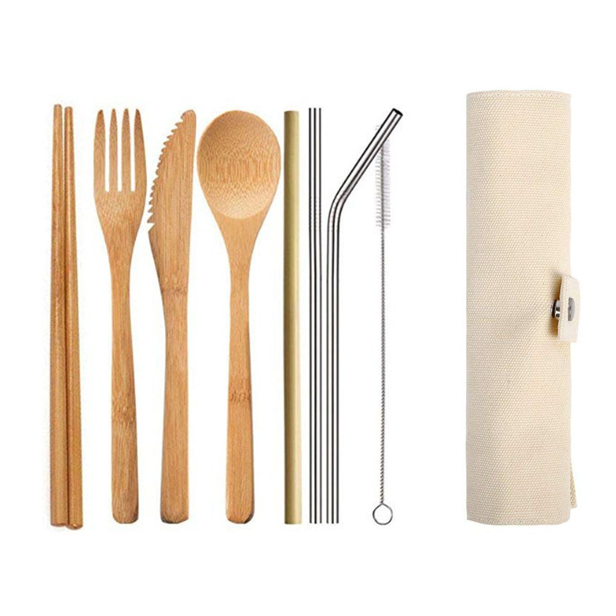 HUPSTL929 3 Piece Bamboo Utensil Set In Travel Pouch