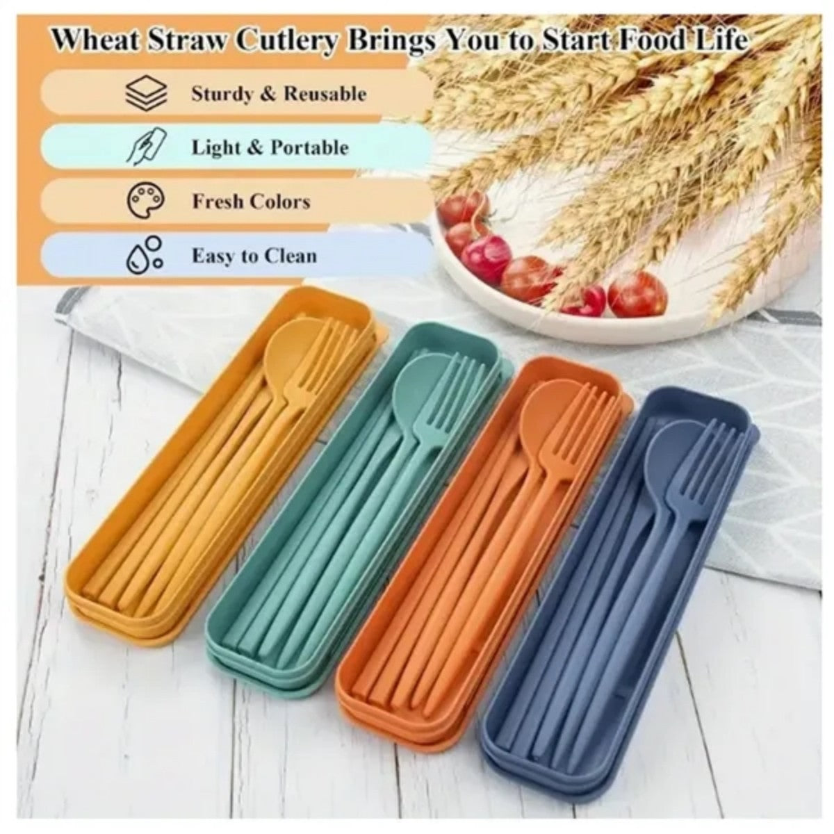 HUPSTL951 Utensils Set of 4 Wheat Straw Portable Cutlery Knife Forks