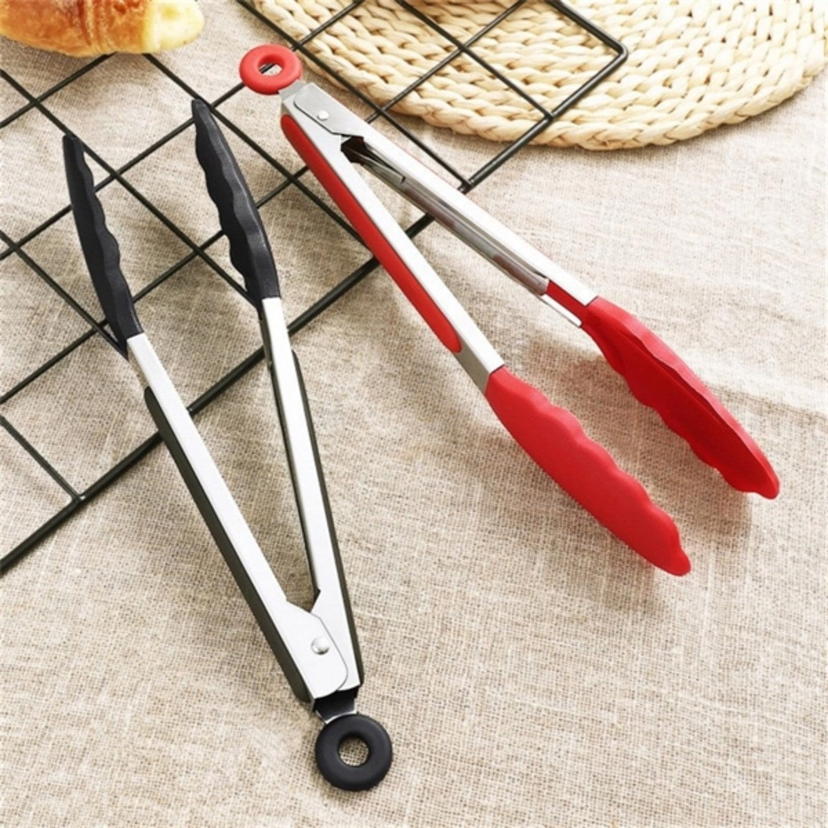 HUPSTL981 Stainless Steel Locking Kitchen Tongs With Silicone Tips Set