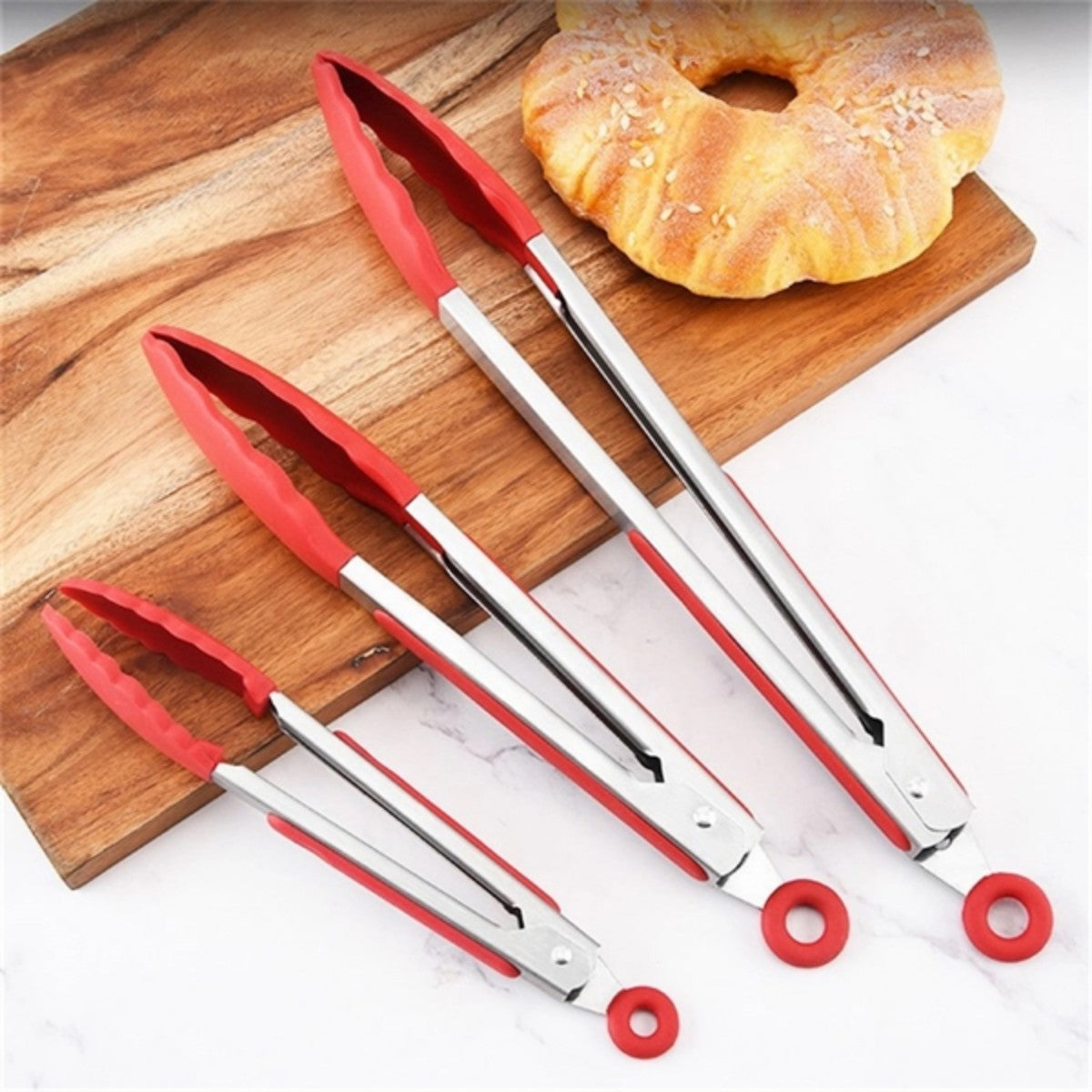 HUPSTL981 Stainless Steel Locking Kitchen Tongs With Silicone Tips Set