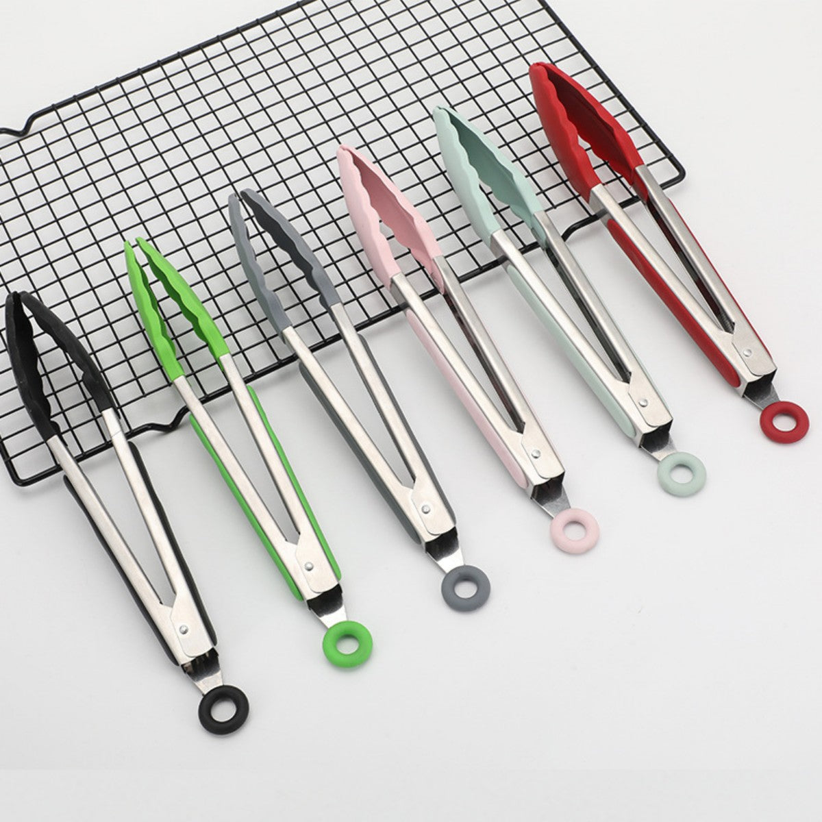 HUPSTL981 Stainless Steel Locking Kitchen Tongs With Silicone Tips Set