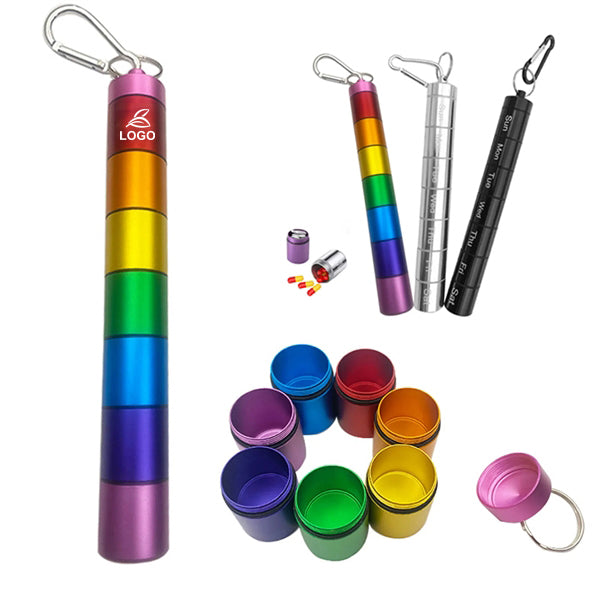 SUPSAW138 7 Days Rainbow Colour Aluminum Pill Bottle With Carabiner